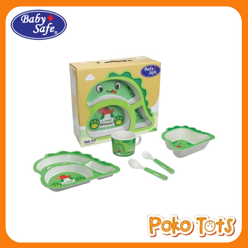 Baby Safe Feeding Set Motif Dino dan Plane Isi 5 Pcs Perlengkapan Makan Anak WHS