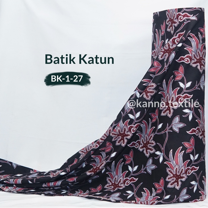 KAIN BATIK KATUN HALUS PRIMISIMA BATU RADEN BKB27 MOTIF DAUN WARNA HITAM MERAH