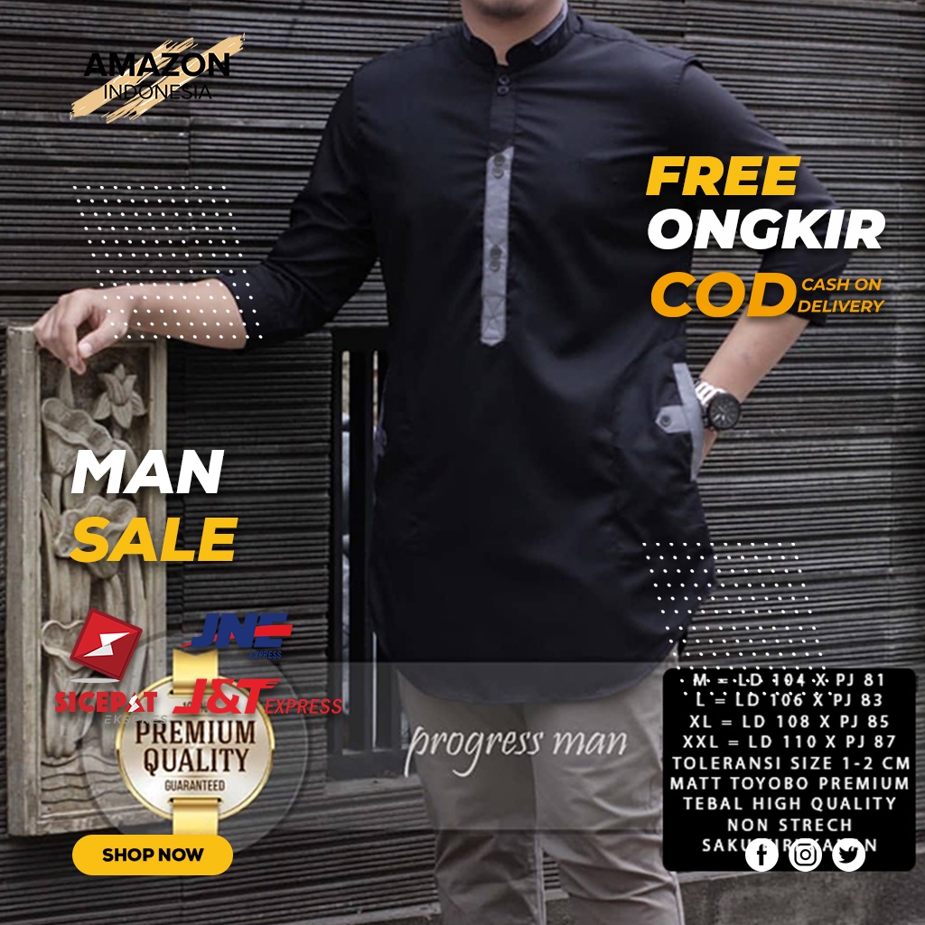 Baju Koko Kurta Dewasa Lengan 3/4 Warna Hitam Material Catton Toyobo Adem Serap Keringat