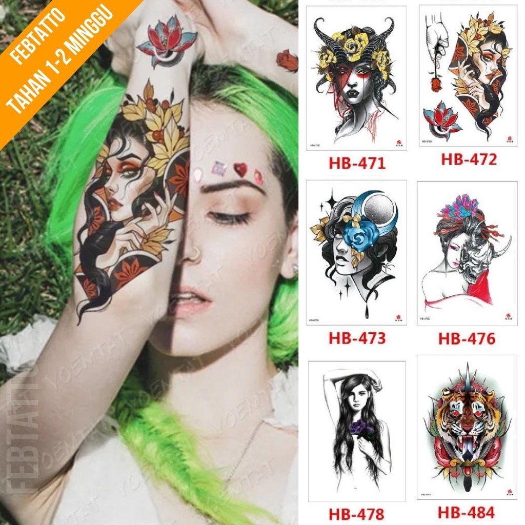 Tato Temporer Ukuran 21cmx15cm Motif Aesthetic Tatto Temporary Stiker Tato Halal Grosir Tato air motif perempuan, bunga, ghesia, harimau HB 472