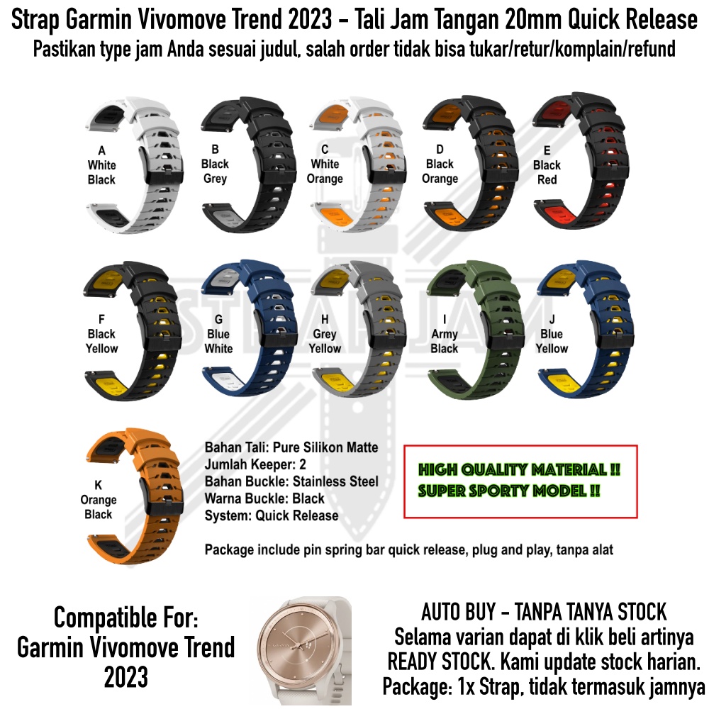 GTO 20mm Strap Garmin Vivomove Trend 2023 - Tali Jam Tangan Rubber Silikon Sporty