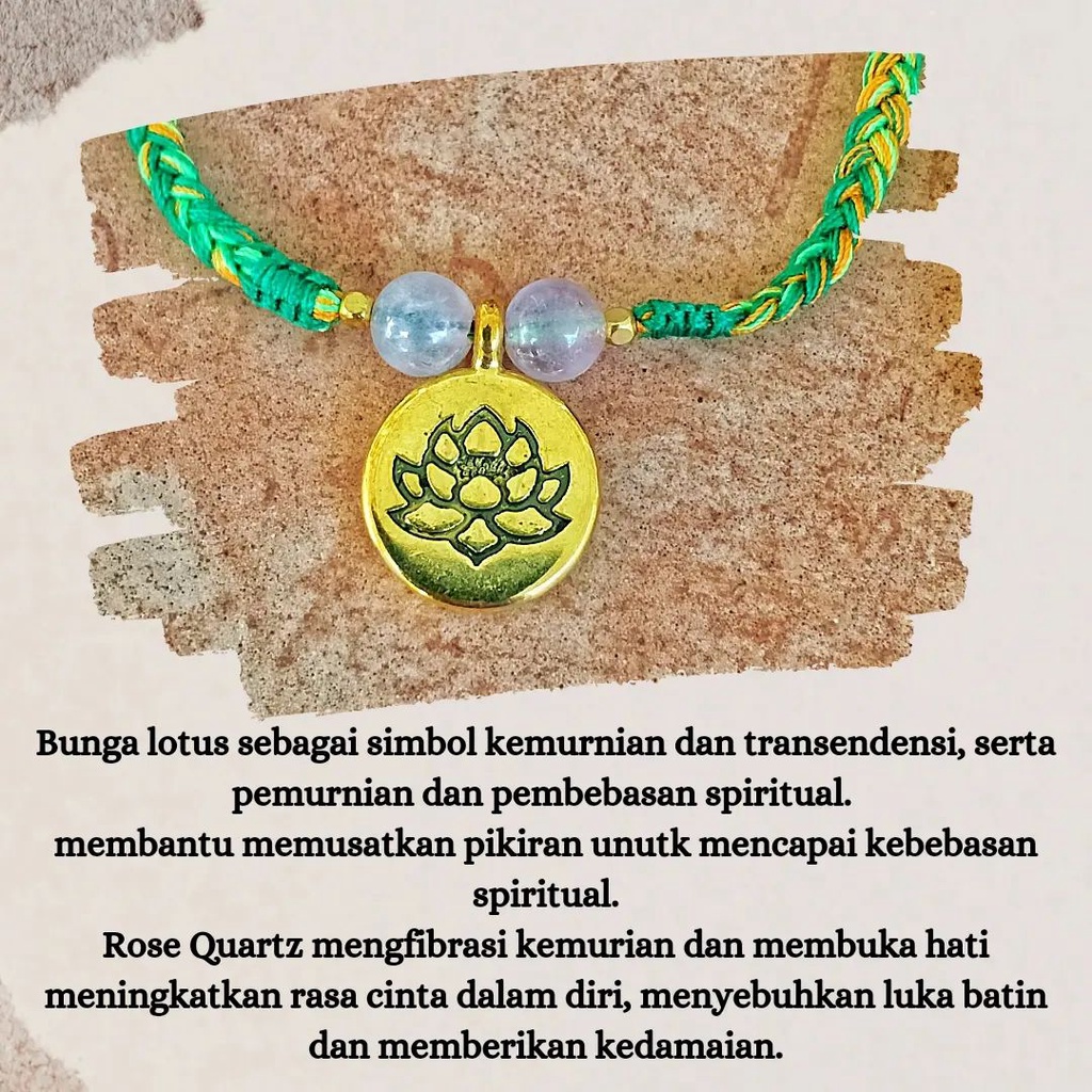 LIMITED - FOREST OF GOLDEN LOTUS / Gelag Energi Kristal Rose Quartz /  Gelang Tali Jalin Khas Bali / Craftdewata