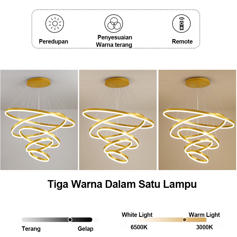 Home Lighting Lampu Gantung Ring LED 5 RING 100cm REMOTE CONTROL GOLD  Minimalis Modern Ruang Tamu Untuk Kamar Tidur 3 Warna 360Watt