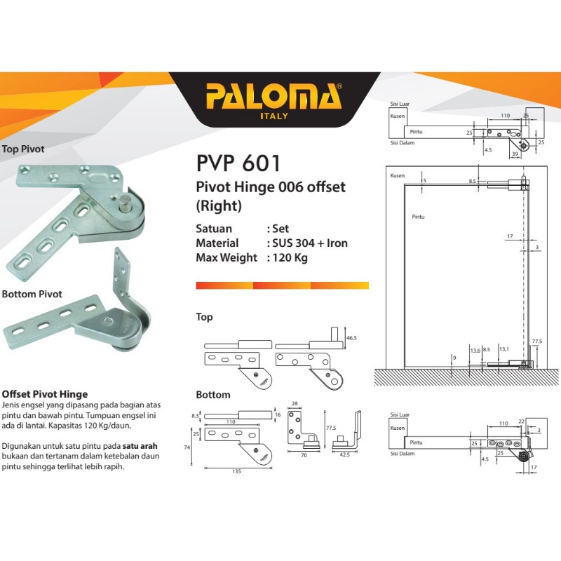 PALOMA ENGSEL PIVOT HINGE TANAM LANTAI PINTU KAYU OFFSET PVP 601 RIGHT