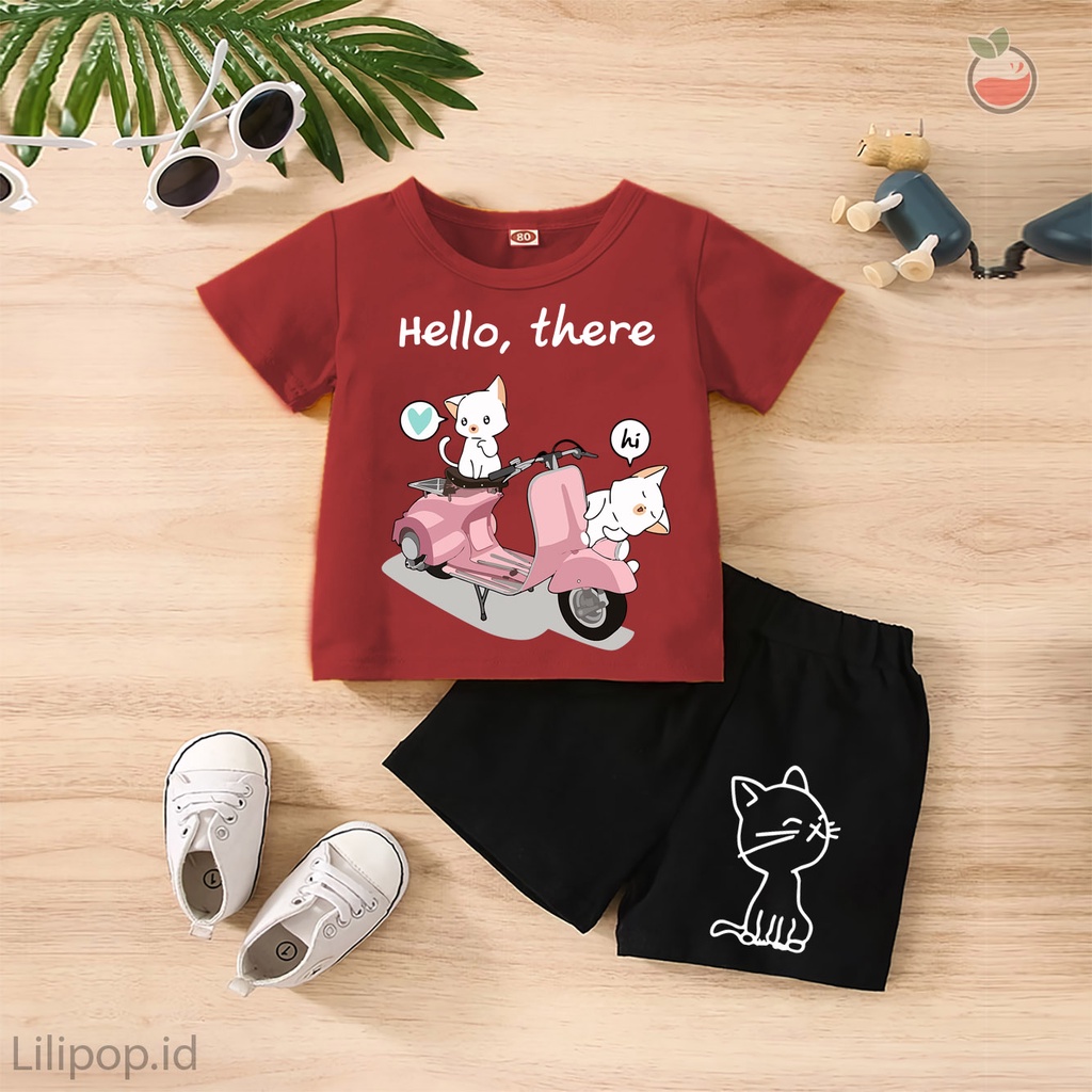 Baju Anak Stelan Kaos 3/4  CAT CUTE THERE Cowok Cewek  Usia 1 - 4 Tahun Celana Pendek Harian