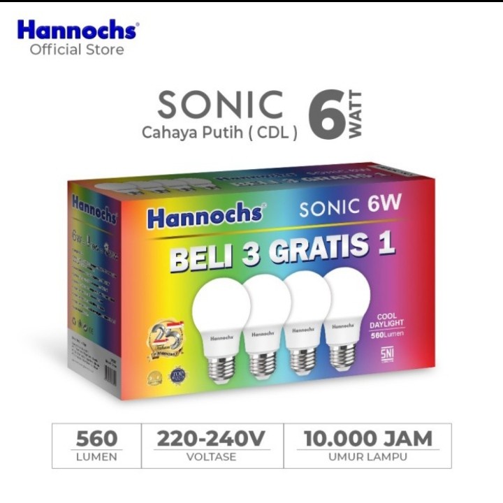 Paket Lampu Bohlam Led Bulb 3 Gratis 1 HANNOCHS SONIC Putih SNI