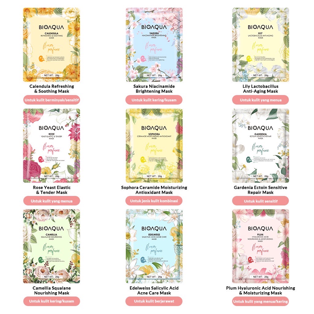 BIOAQUA Sheet Mask Masker Wajah Flowers Series (28g/pcs) Hydrating Essence Face Mask Brightening dan Anti Acne