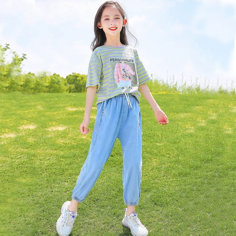 Setelan Anak Perempuan Teenager Casual Stripe Personal Girly