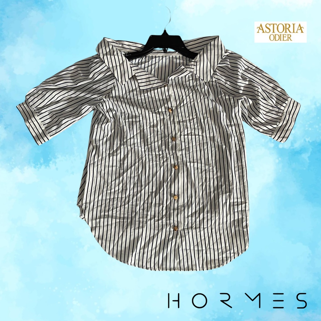 Puzzle6 Kemeja wanita Lengan Pendek atasan cewek Garis-Garis Kancing Gold