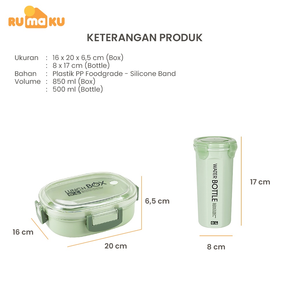 Rumaku Kotak Bekal Set Lunchbox Kotak Makan dan Botol Minum Anti Tumpah 850ml/500ml Tempat Makan Free Sendok