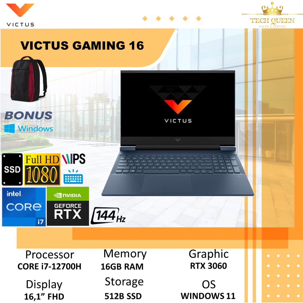 HP VICTUS GAMING 16 D1095TX - RTX3060 6GB I7 12700H 16GB 512SSD WINDOWS 11+OHS 16.1 INCHI FHD IPS 144HZ 100SRGB BLIT SLV