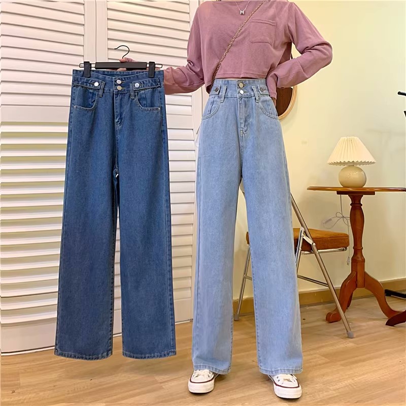 EUNII Celana Panjang Jeans Wanita Boyfriend Loose High Waist Korean Style Jeans