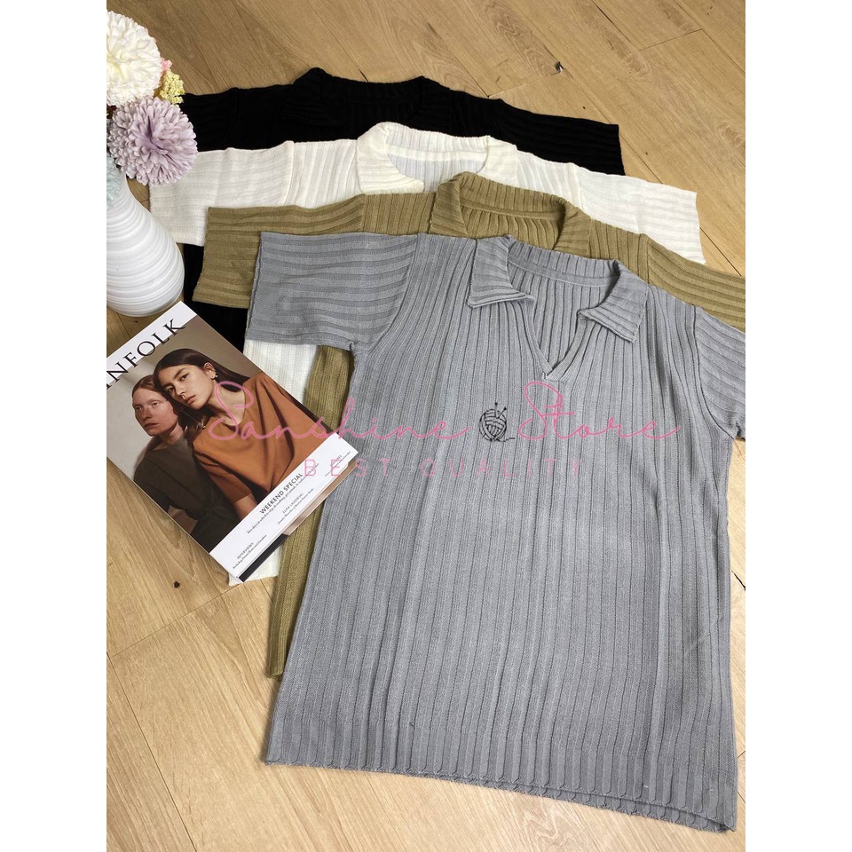 Kaos Rajut Wanita Lengan Pendek Berkerah Polo Knit Semi Crop