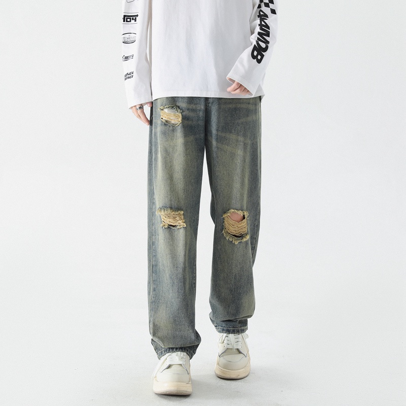 Celana Jeans Sobek Pria Celana Denim Panjang Robek Ripped Cowok Versi Korea Pants K502