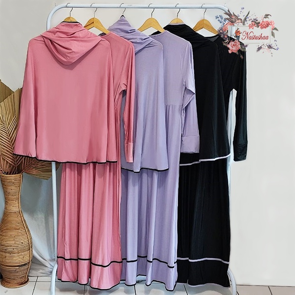 Dress Casual Gamis Syari Wanita Dewasa dan Remaja Baju Muslim Jersey Polos Sayap Hijab Ninja Hoodie Long Dress Variasi Lis Bahan Adem Busui Friendly Fit-XL-XXL