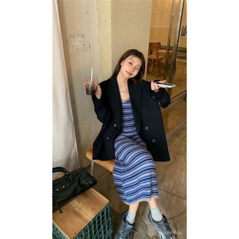 Dress rajut bergaris kontras 2023 new waist and suspender dress