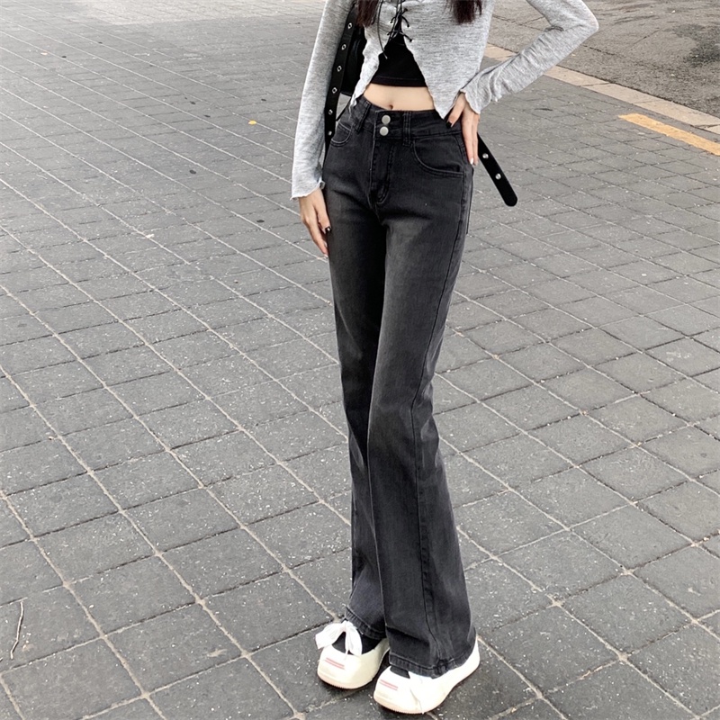 EUNII Celana Jeans Wanita Hitam High Waist Berkobar Celana Wanita Korean Style