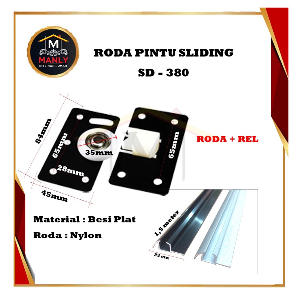 Roda Pintu Sliding SD 380 + Rel Timbul Pintu Sliding SD 380, Isi roda 2 set + Rel 2 Btg