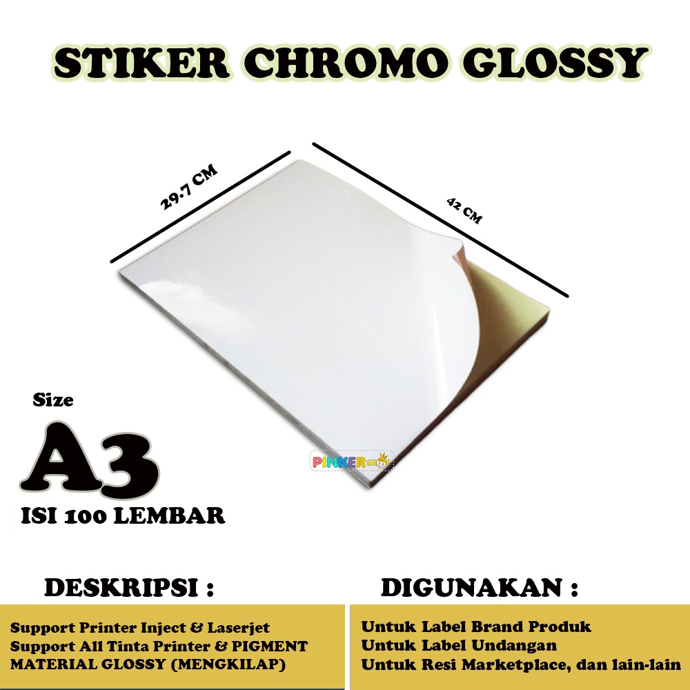 

Kertas Sticker A3 Glossy isi 100 lembar / Kertas Sticker Chromo A3