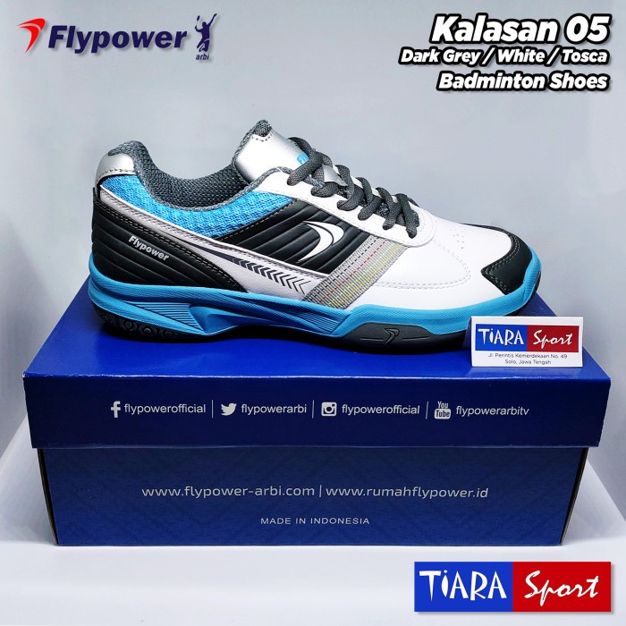 {MentariStore} Sepatu Badminton Flypower Kalasan 05 - Dark Grey White Tosca - 31 Limited