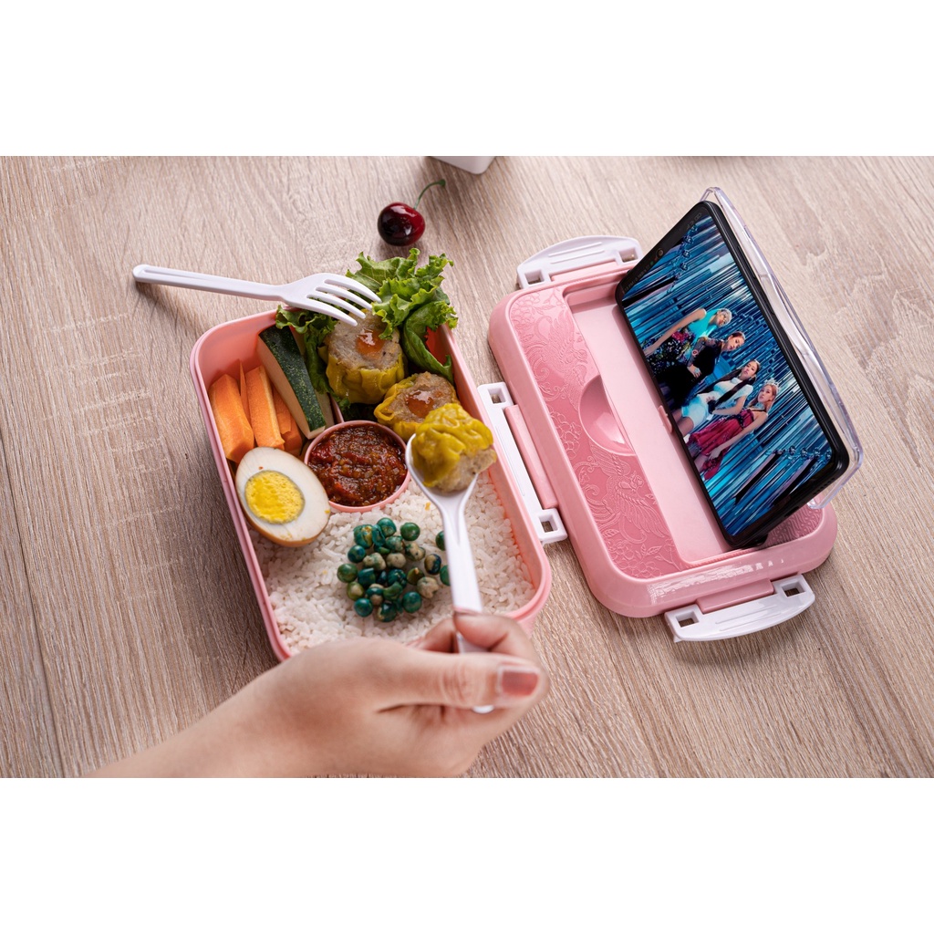 Lunch box kids FREE Sendok Garpu Tempat Makan 1000ml 4 In 1 Kotak Bekal Tempat Makan Lunch Box Set holder hp