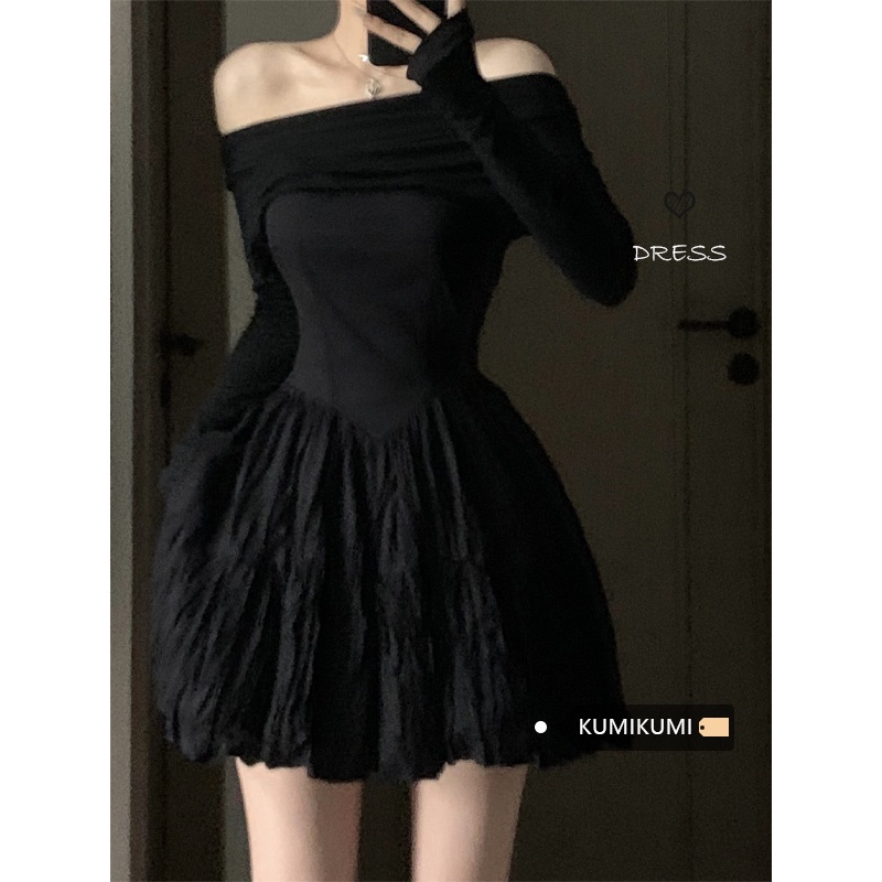 Red Perancis one-shoulder gaun musim semi keinginan murni gaya gaun hitam kecil gadis panas seksi pinggang slim strapless rok pendek wanita