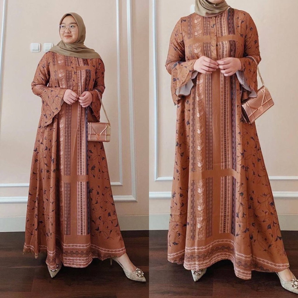 Jeslyn Gamis Terbaru Diora Silk Premium Import Dress Wanita Lengan Terompet Baju Muslim Kekinian LD 110 cm