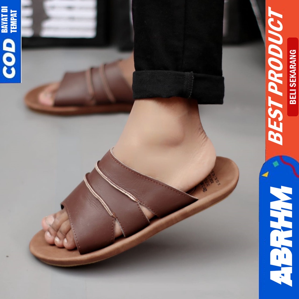 ABRHM X TAIM Sandal Slide Pria Sandal Slop Pria Kulit Asli Ori Sendal Selop Cowok / Cowo kekinian