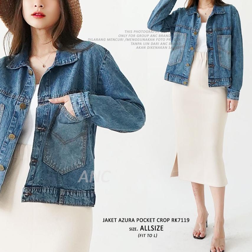 Jaket Crop Jeans Wanita - Jaket Azura Pocket Crop RK7119 - Jaket Jeans Korea - Jaket Denim Kantong