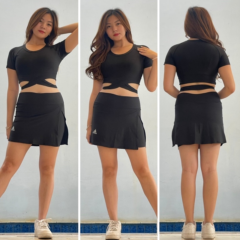 2 Pcs Setelan senam aerobik line dance zumba yoga gym fitness model Crop silang pendek-Rok belah | S