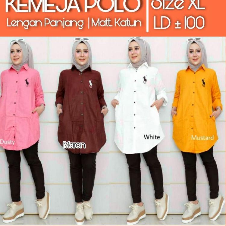 Baju Kemeja Tunik Lengan Panjang Wanita Putih Polo LD 100 Size XL / 120 XXL Baju Kerja atasan Ori NA