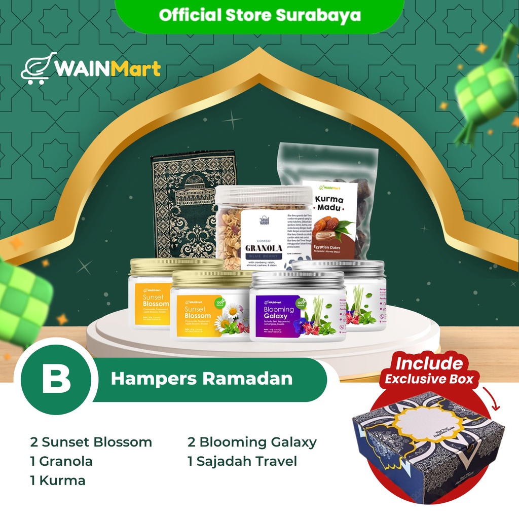 

Hampers Lebaran Granola Kurma Teh Herbal Sajadah