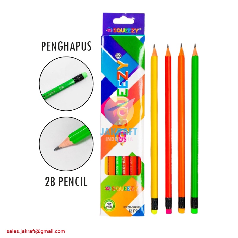 

(12 Pcs) Pensil Kayu Tulis Komputer Ujian Test Scoring 2B + Penghapus SQUEEZY PK2B-SQ301 Warna Warni Neon Fancy Lucu Wooden Pencil w/ Eraser Souvenir
