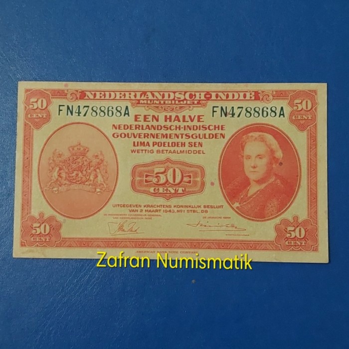 Uang Kuno 50 Cents Nederlandsch Indische NICA Tahun 1943 UNC
