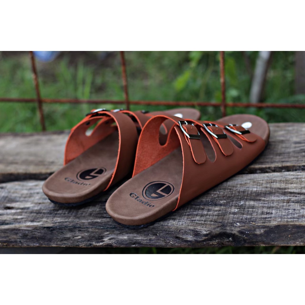 Fatimahshoes Sandal Slide kulit Kasual Santai Fashion Pria Coklat