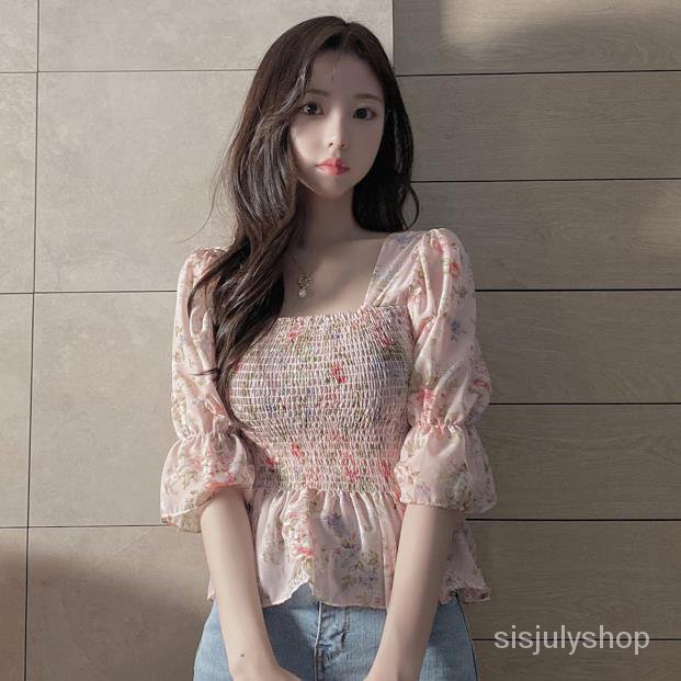 [✅BISA COD] #Sisjuly# Blus wanita / kemeja lengan pendek yang melangsingkan pinggang / sifon kerut l