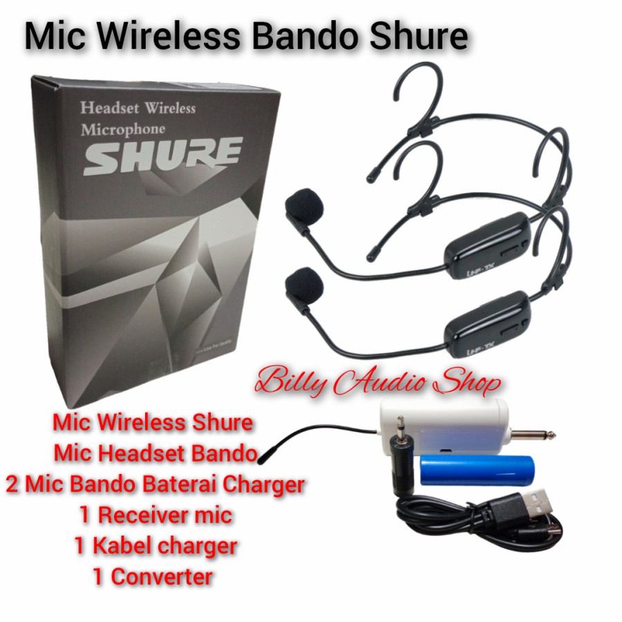 Mic Wireless Shure Headset Bando 2 Mic Bando (Batery Charger)