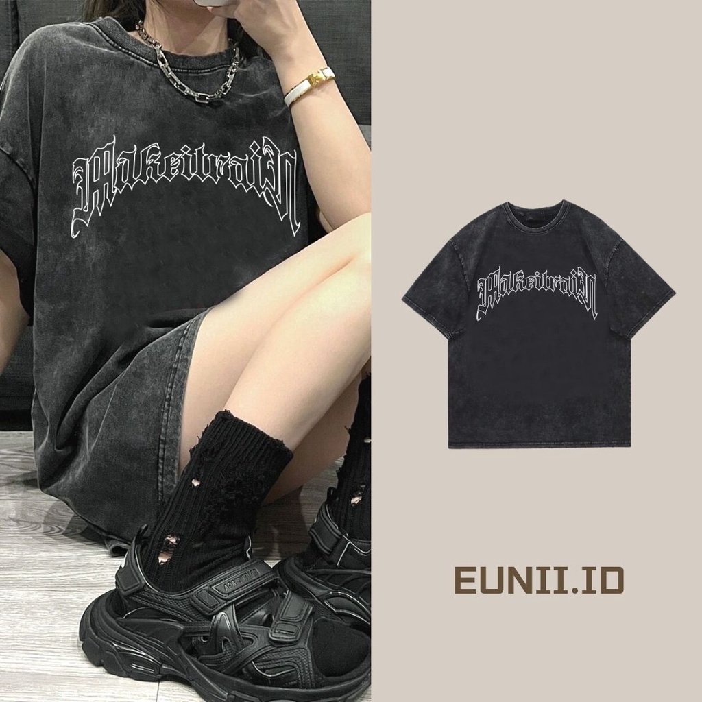 EUNII T-shirt Lengan Pendek Black Washed Vintage Putih English Printing Korean Style/Kaos Atasan Wanita/Baju Wanita/Kaos Wanita