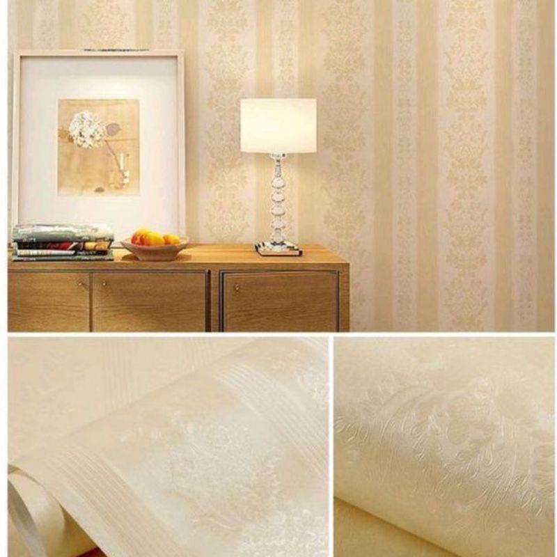 Wallpaper Sticker Dinding Premium Berstekstur Garis Bunga Krem Panjang 10M x Lebar 45cm