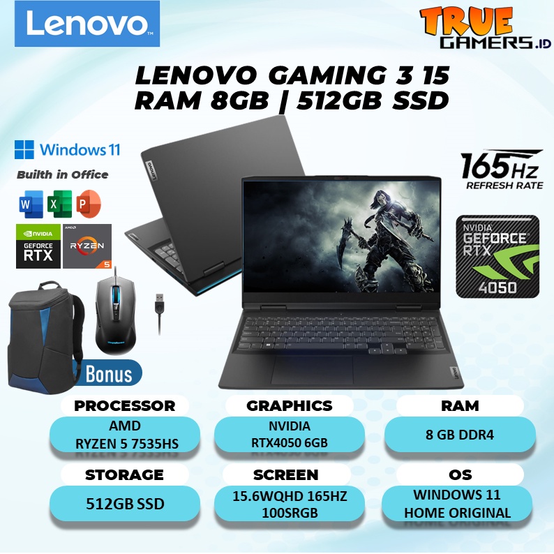 Laptop Gaming 3 15 RTX4050 6GB AMD Ryzen 5 7535 RAM 16GB 15.6WQHD 165HZ 100SRGB