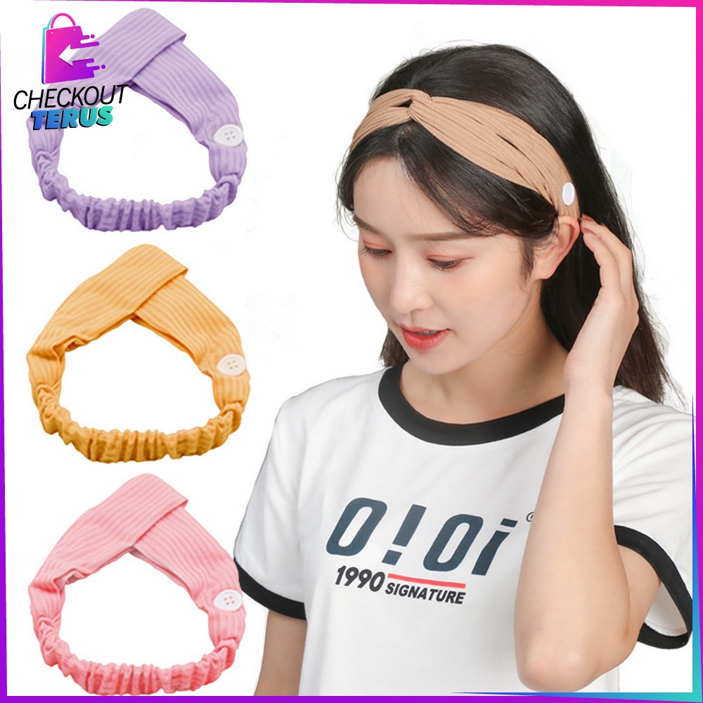 CT C63 Bando Korea Wanita Aksesoris Rambut Motif Garis Salur Karet Elastis Dengan Kancing Pengait MaskerHeadband Bendo Import