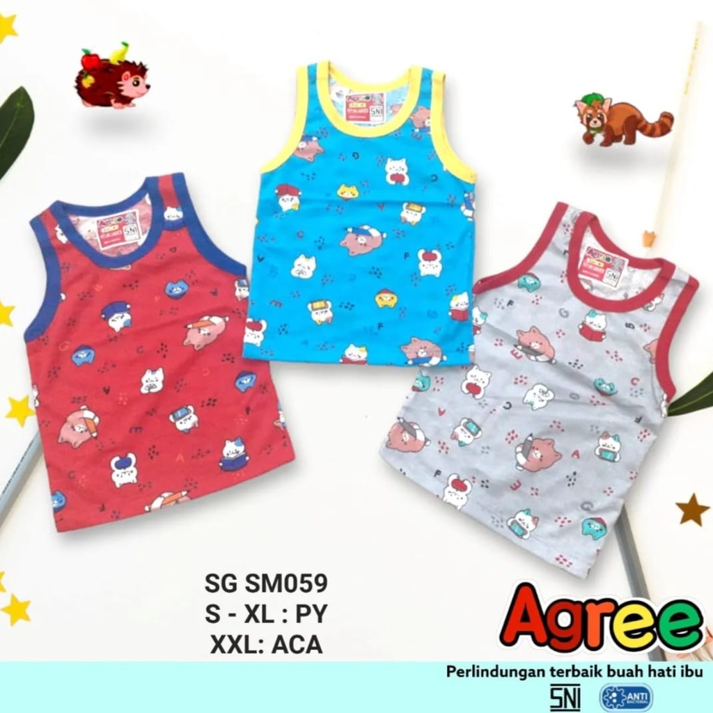 [ 3pc ] Singlet Agree Kids SM017 SM 059 Motif Mobil Polisi Motif Kucing Kaos Kutung Anak