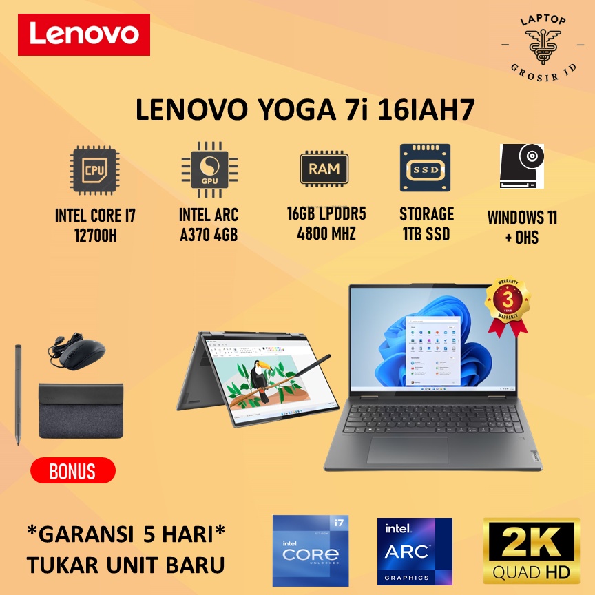 Laptop Lenovo Yoga 7I 16 TOUCH ARC A370 4GB I7 12700H 16GB 1TBSSD W11+OHS 16.0 2.5K