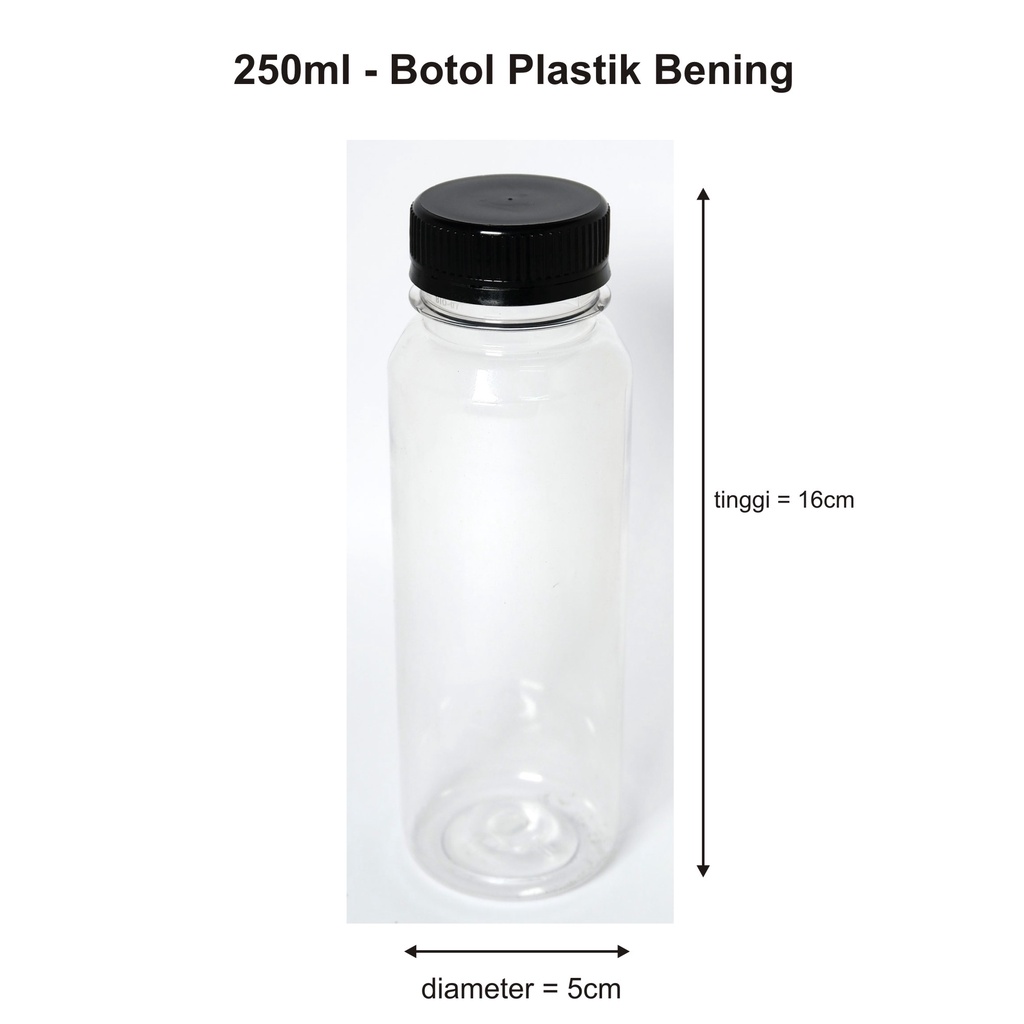 Botol Plastik Bening 250ml Tutup Plastik Hitam - Botol kemasan - botol plastik kemasan - botol packa