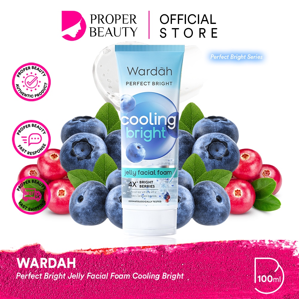 WARDAH Perfect Bright Jelly Facial Foam Cooling Bright Indonesia / Pembersih Wajah 100ml / 4X Bright Berries / With Vit B3 C E / Cerah + Sensasi Dingin / Skincare Face Care Series / Facial Wash Cleanser Cleansing Sabun Cuci Muka Pencerah Berminyak Glowing