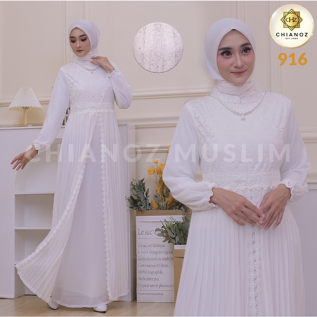 CHIANOZ Gamis Putih Mewah Ohara Dress Brukat Renda Baju Lebaran Umroh Haji Manasik Pesta Akad 916