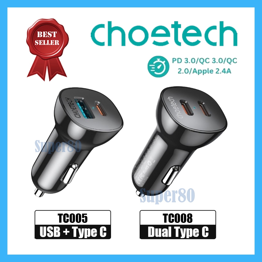 Choetech Car Charger Type C 20W USB 18W Fast Charging Mobil PD QC 3.0 Dual Type C USB 40W / 38W