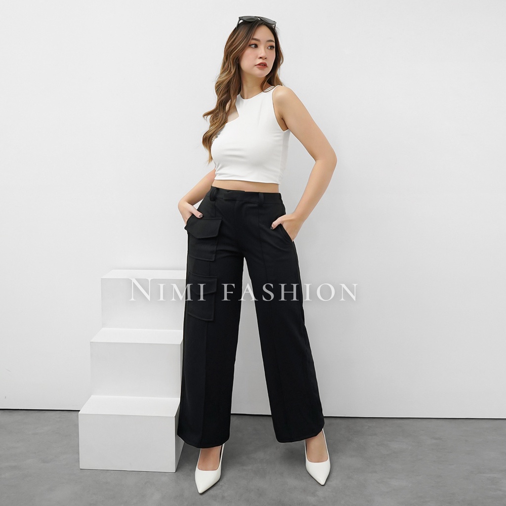 NIMI - Cargo Pants Celana Loose Cargo Wanita Celana Cullote Knit Import