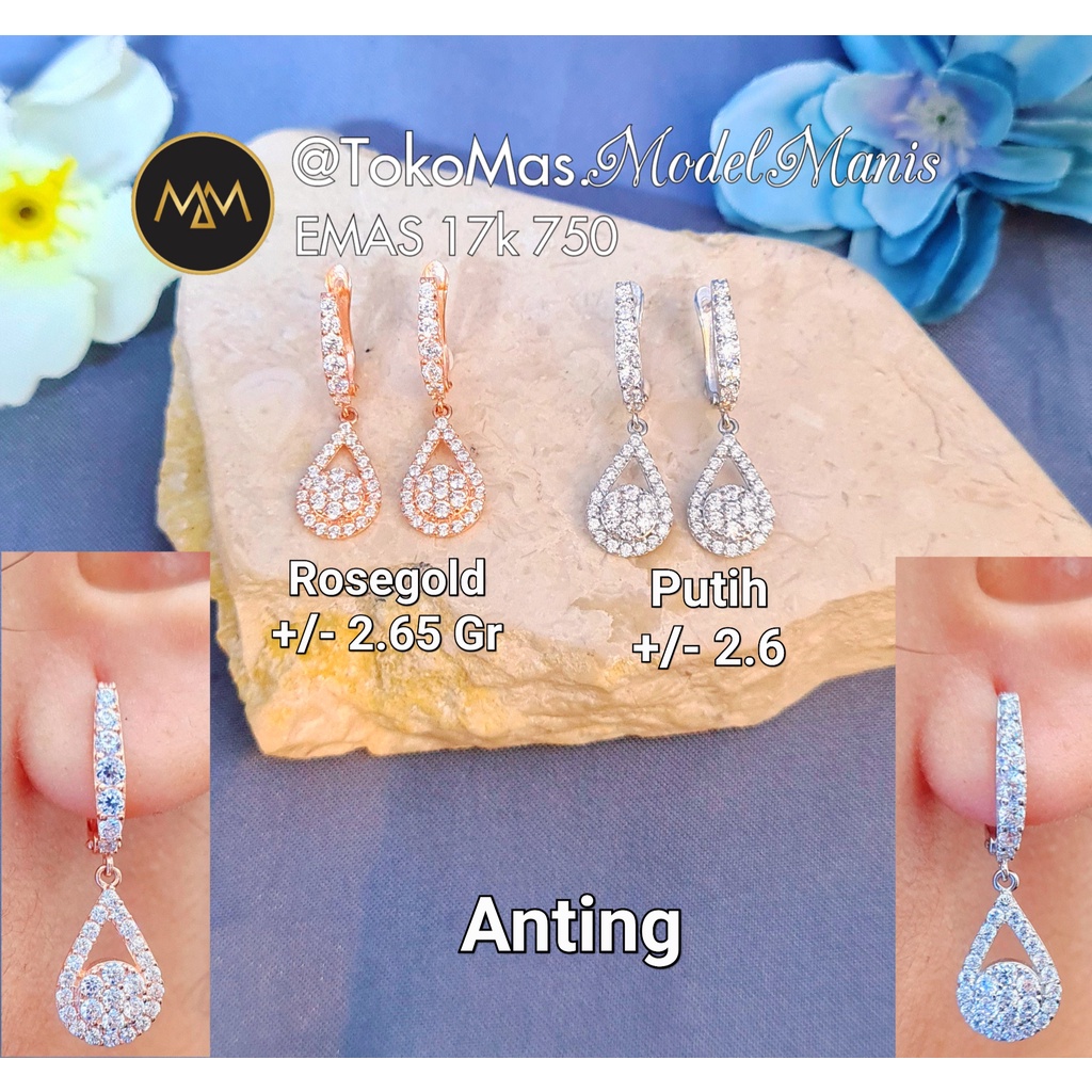 Anting emas putih rosegold water drop jepit kadar 750