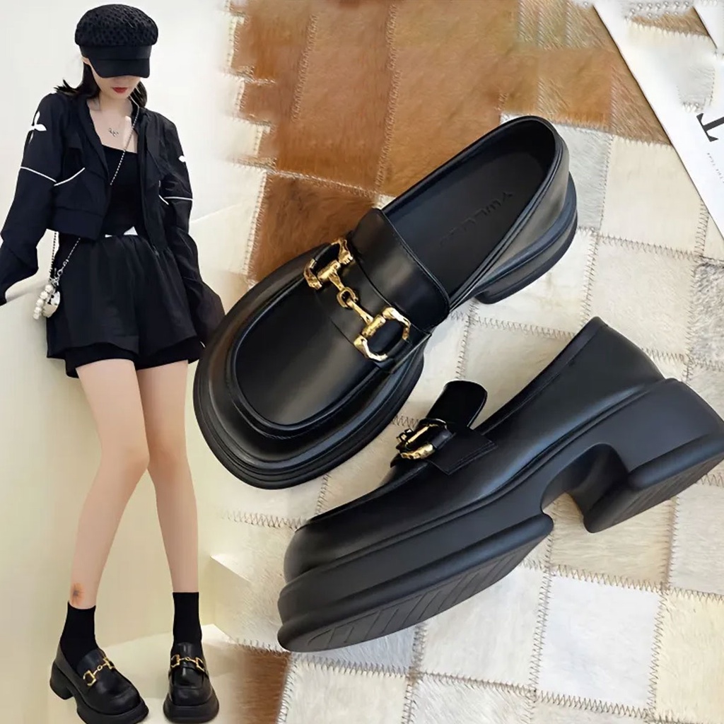 Sepatu Wanita Docmart Kulit Import Premium Loafers Kasual Pu Sol 4.5 cm Hitam Glossy Doff ST036